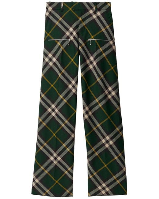 Burberry Green Check Wide-leg Wool Trousers for men