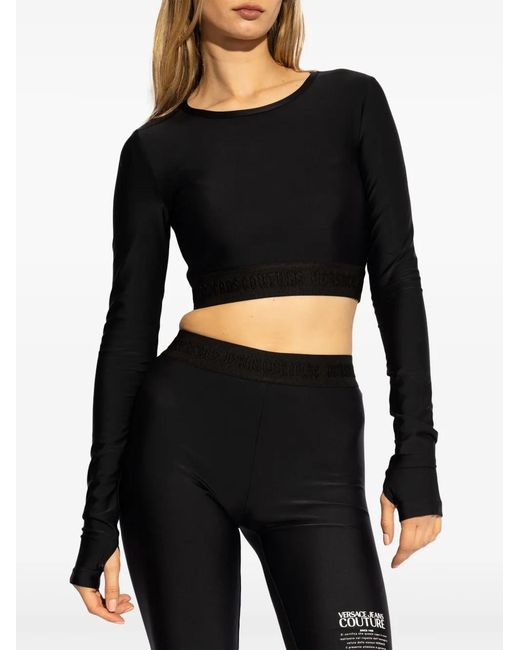 Versace Jeans Couture Black Logo-Hem Cropped Top