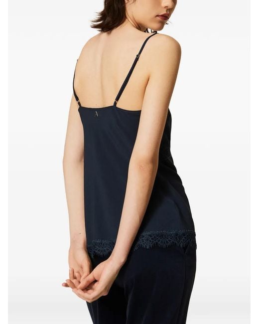 Twinset Blue Crêpe De Chine Top With Lace