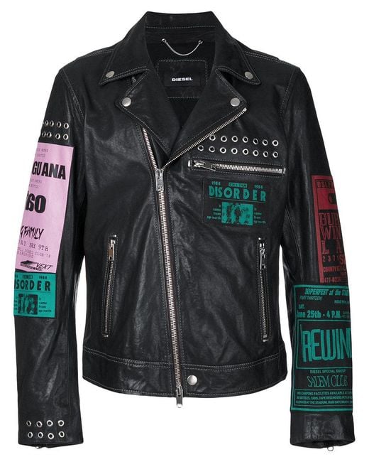 DIESEL Black Multi-patches Biker Jacket for men