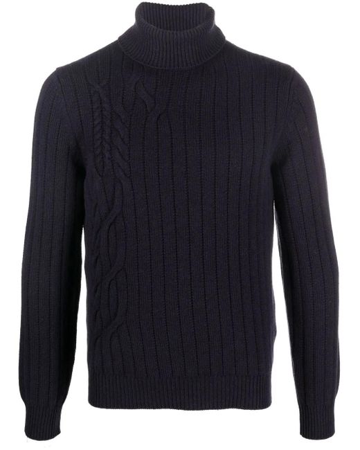 Corneliani Blue Roll-Neck Cable-Knit Jumper for men