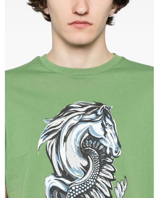 Roberto Cavalli Green Graphic-Print Cotton T-Shirt for men