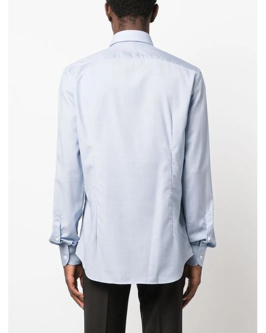 Corneliani Blue Plaid Long-Sleeve Wool Shirt for men