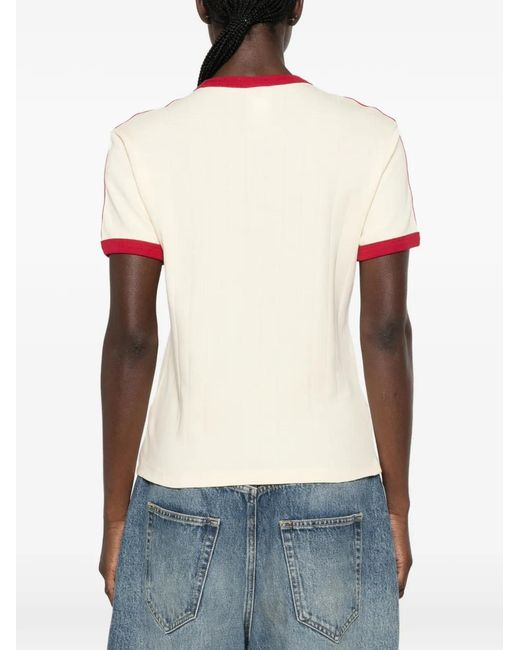 Adidas Pink Logo-Embroidered Striped T-Shirt
