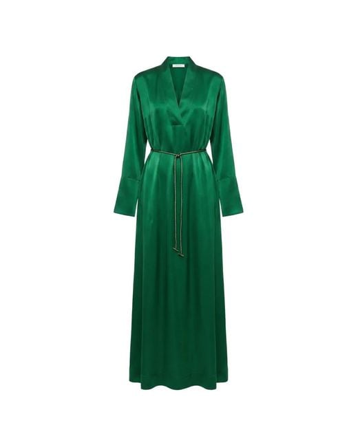 Danamé Green Belted V-Neck Satin-Finish Midi Dress