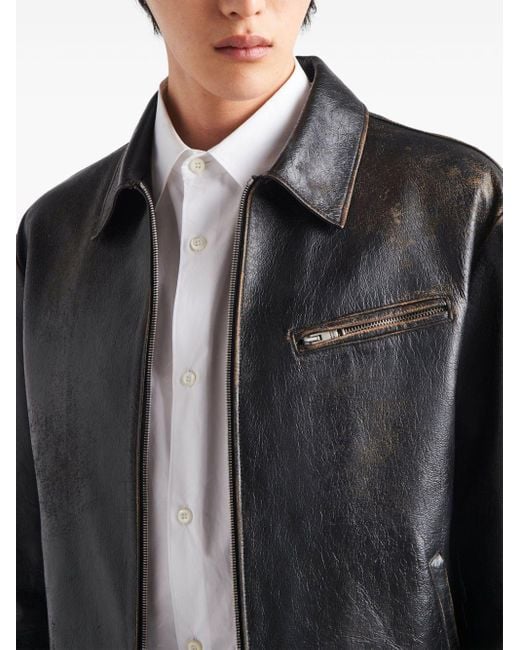 Prada Black Distressed-effect Leather Jacket for men