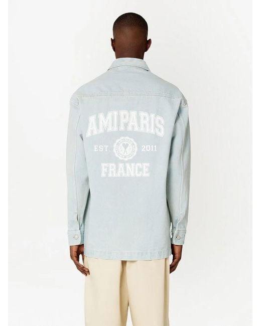 AMI Blue Logo-Print Denim Overshirt