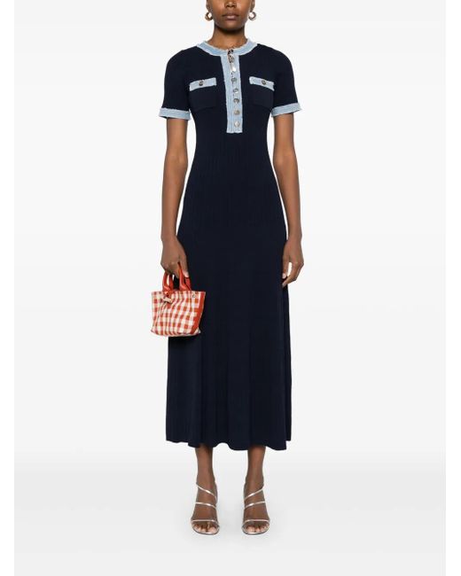 Sandro Denim-Trim Knitted Maxi Dress in Blue | Lyst