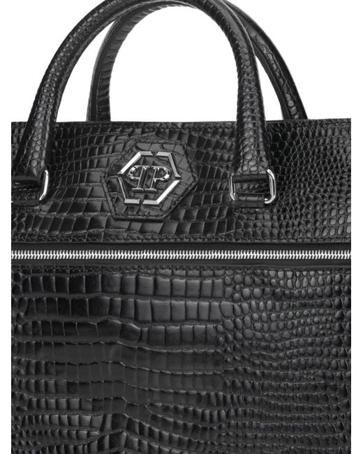 Philipp Plein Black Crocodile Print Logo Patch Laptop Bag for men