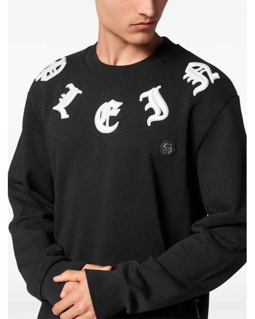 Philipp Plein Black Gothic-Embroidered Round Neck Sweatshirt for men