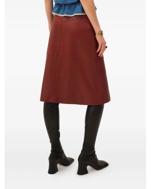Chloé Red Pocketed Leather Midi Straight Skirt