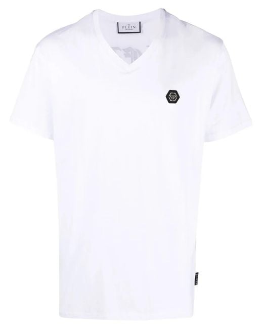 Philipp Plein White Gothic Plein V-Neck T-Shirt for men