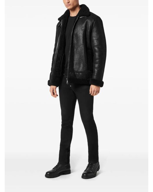 Philipp Plein Black Shearling Biker Jacket for men