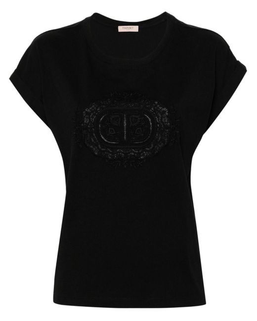 Twin Set Black Logo-embroidered Lace-panelling T-shirt