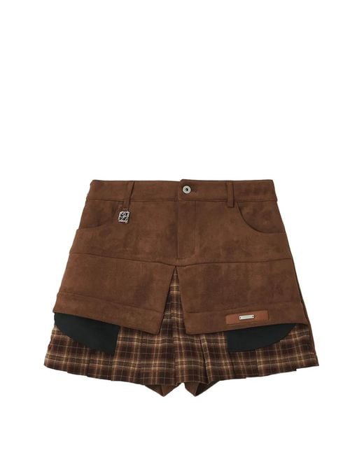 Musium Div. Brown Layered Check-Print Mini Shorts