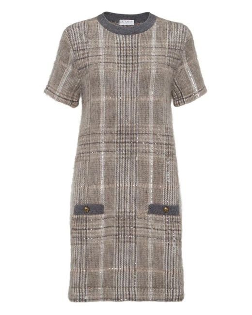 Brunello Cucinelli Gray Check-Pattern Sequin Dress