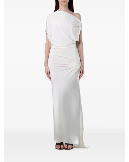 120% Lino White Asymmetric Draped Dress