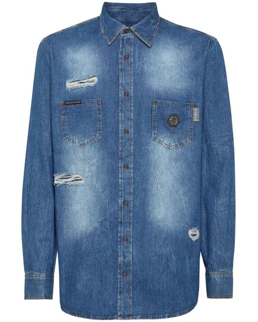 Philipp Plein Blue Distressed-Effect Denim Shirt for men