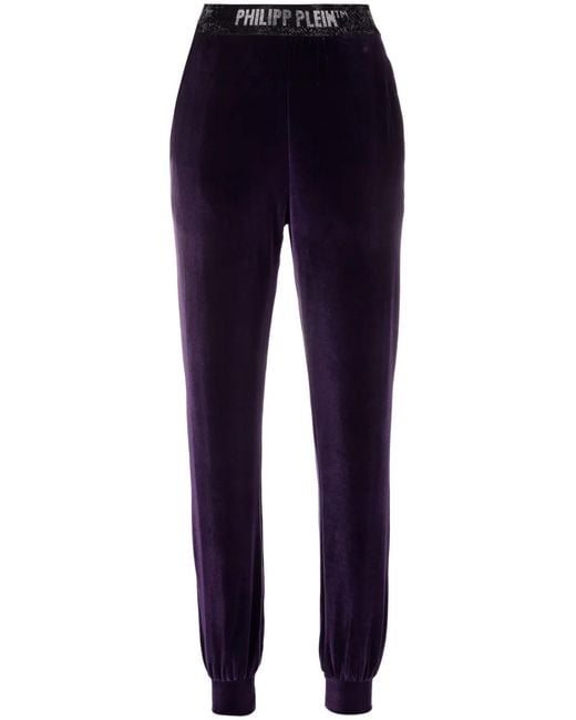 Philipp Plein Blue Logo-Waistband Velvet Track Pants