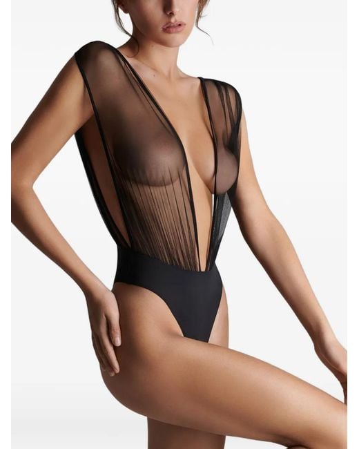 Scandale Gray Nuit Fauve Pleated Tulle Bodysuit
