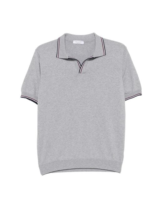 Gran Sasso Gray Stripe-Trim V-Neck Polo Shirt for men