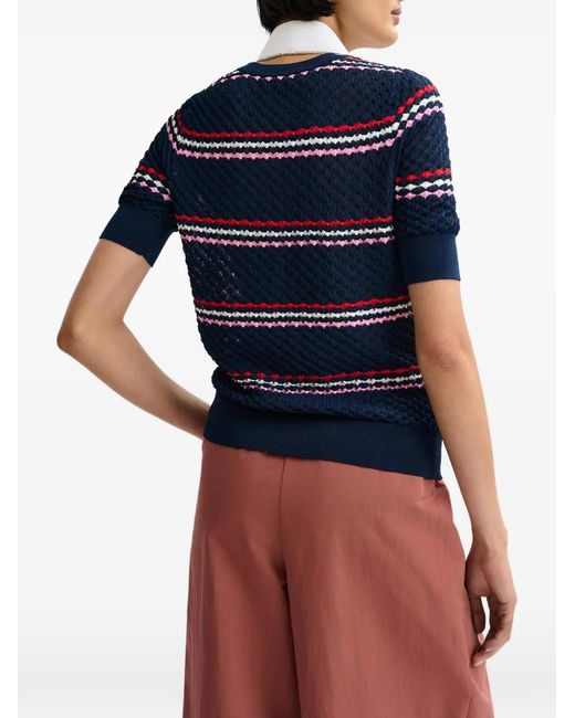 Essentiel Antwerp Blue Striped Rhinestone-Collar Knitted Top