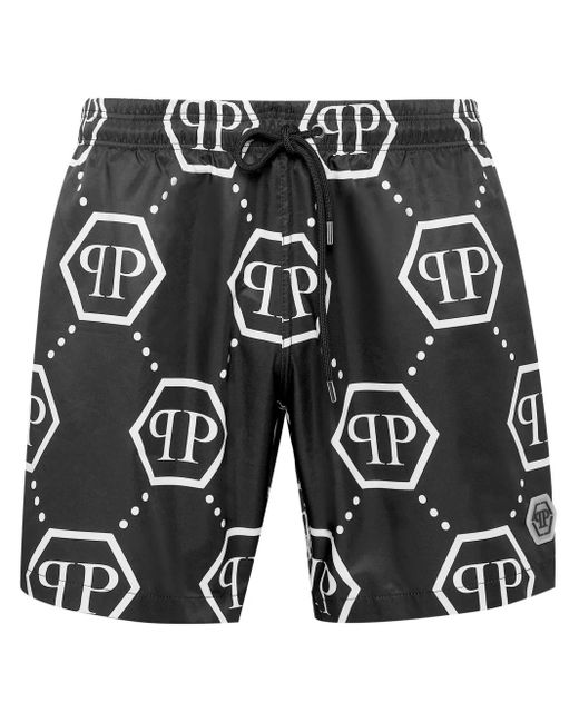 Philipp Plein Black Monogram Drawstring Swim Shorts for men