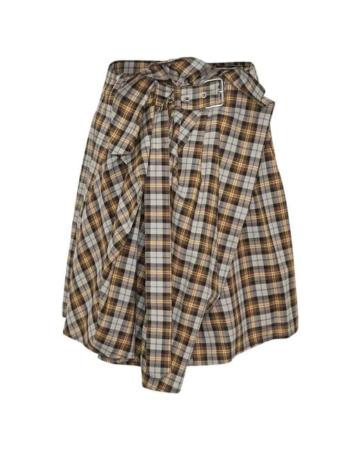 MSGM White Plaid Belted Midi Skirt
