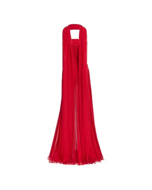 Elie Saab Red Ruched Silk Maxi Dress