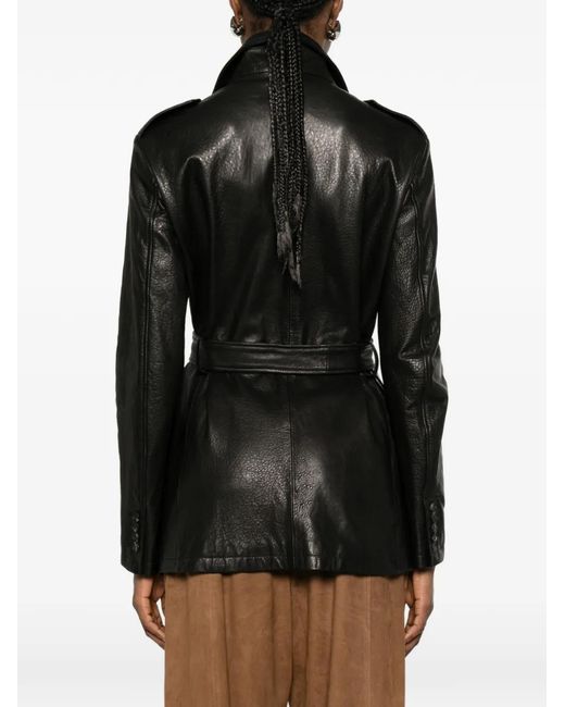 Tagliatore Black Belted Button-Fastening Leather Jacket