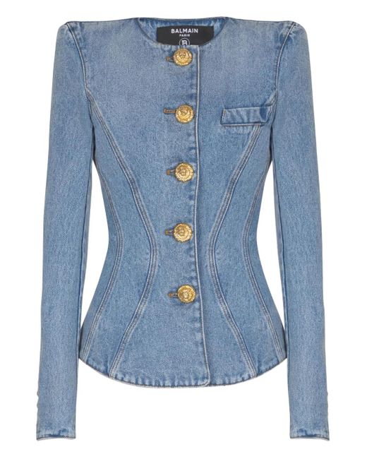 Balmain Blue Padded-Shoulder Buttoned Denim Jacket