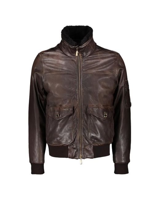 Moorer Brown Shearling-Collar Leather Bomber Jacket for men