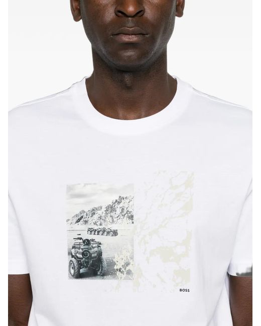 Boss White Graphic-Print T-Shirt for men