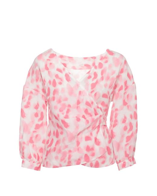 120% Lino Pink Abstract-Print Wrap-Style Blouse