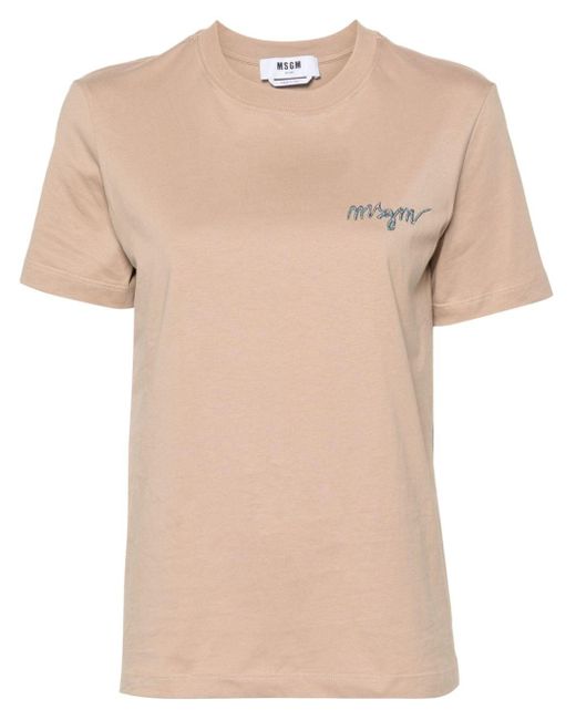 MSGM Natural Logo-embroidered Cotton T-shirt