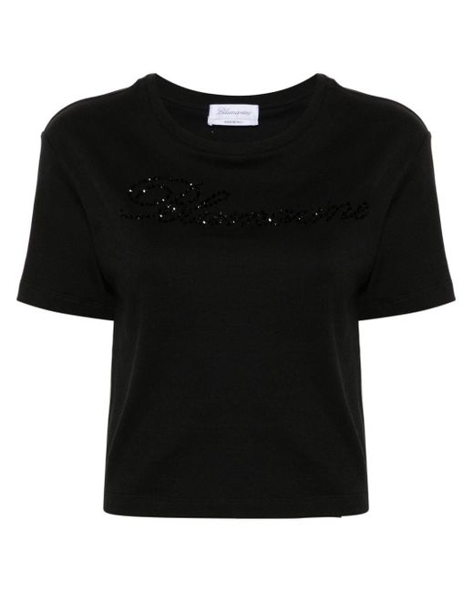 Blumarine Black Rhinestone-embellished Cotton T-shirt