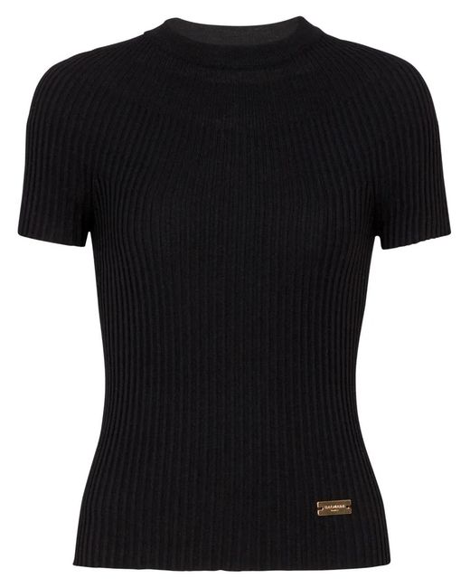 Balmain Black Logo-Plaque Ribbed Knit Top