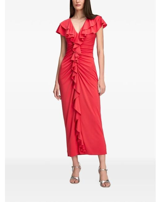 Cinq À Sept Red Tallis Ruffled Ruched Midi Dress