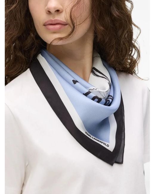 Karl Lagerfeld Blue Ikon Choupette Print Silk Scarf