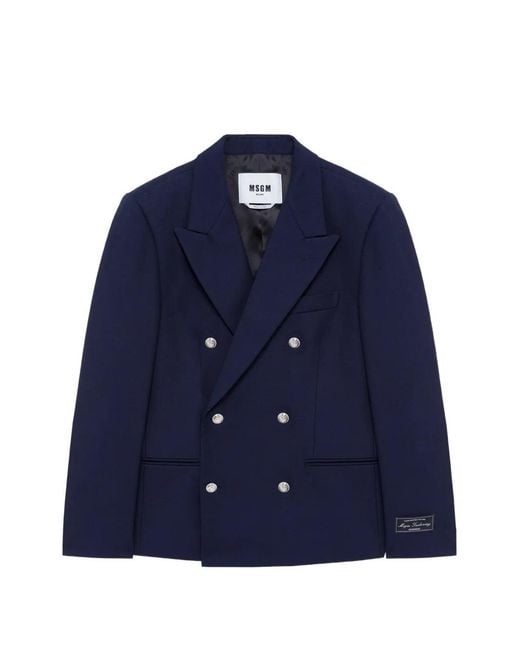 MSGM Blue Double-Breasted Peak-Lapel Jacket for men