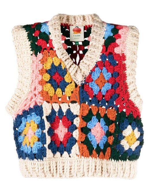 Farm Rio Blue Floral Crochet V-neck Vest