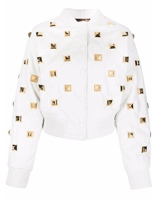 Philipp Plein White Studded Quilted Bomber Jacket