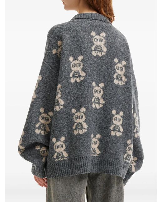 Mini Cream Gray Bear-Pattern Button-Fastening Cardigan