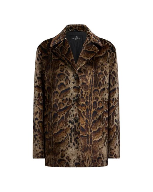 Etro Brown Cropped Velvet Coat With Leopard Motif