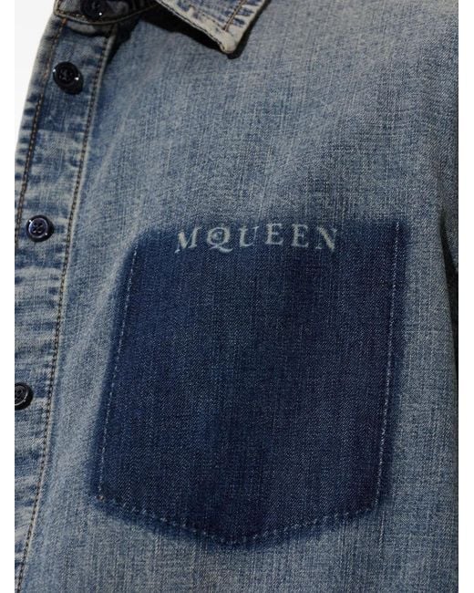 McQueen Blue Logo-Print Chest-Pocket Denim Jacket