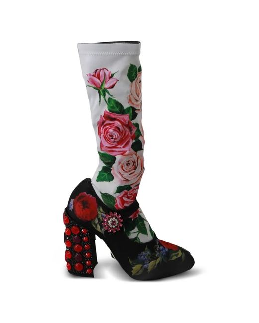 Dolce & Gabbana White Floral-Print Crystal-Embellished Boots