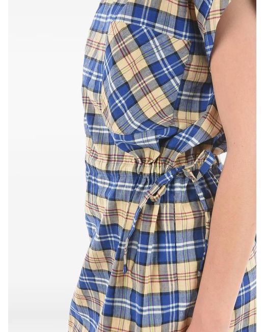 Woolrich Blue Tartan-Check Elasticated-Waist Mini Dress