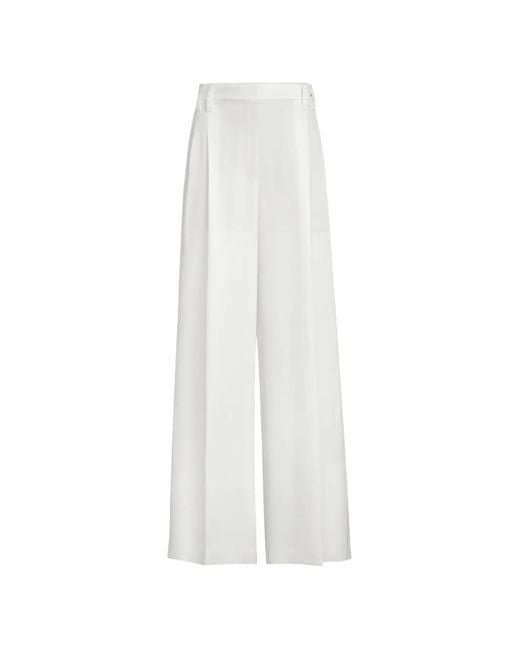Brunello Cucinelli White Viscose And Linen Fluid Twill Wide Trousers With Monili
