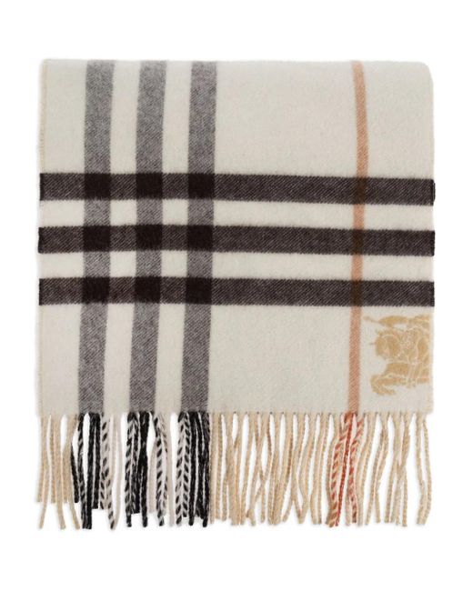 Burberry White Check-Pattern Fringed-Hem Scarf