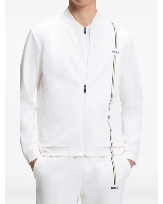 Boss White Logo-Print Zip-Up Sweatshirt for men